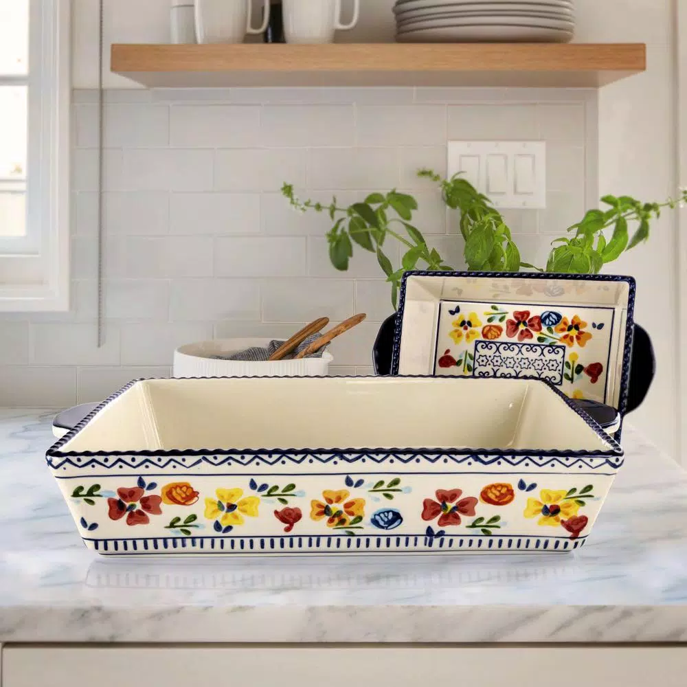 Gibson Elite Luxembourg 2-Piece Rectangular Stoneware Bakeware Set, Floral Design