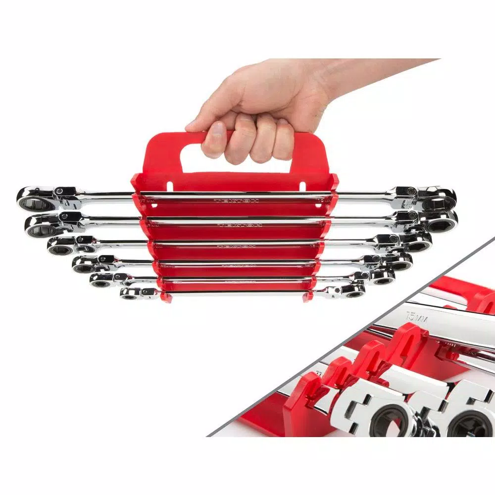 TEKTON 6-Piece Extra Long Flex-Head Ratcheting Box End Wrench Set, Metric 8-19 mm