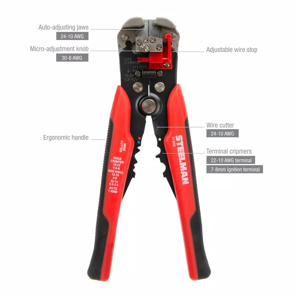 Steelman 41866 Self-Adjusting Wire and Cable Stripper, Cutter, and Crimper