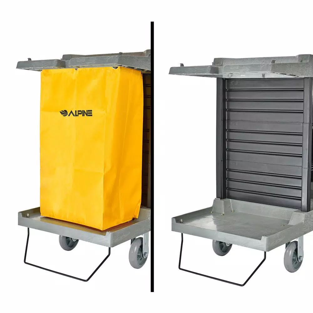 Alpine Industries 2-Wire Shelf Janitorial Cleaning Cart with 2 Yellow Vinyl Bags