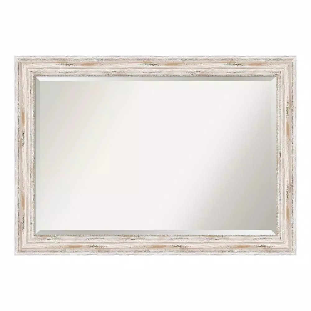 Amanti Art Alexandria 41 in. W x 29 in. H Distressed Whitewash Wood Framed Beveled Bathroom Mirror