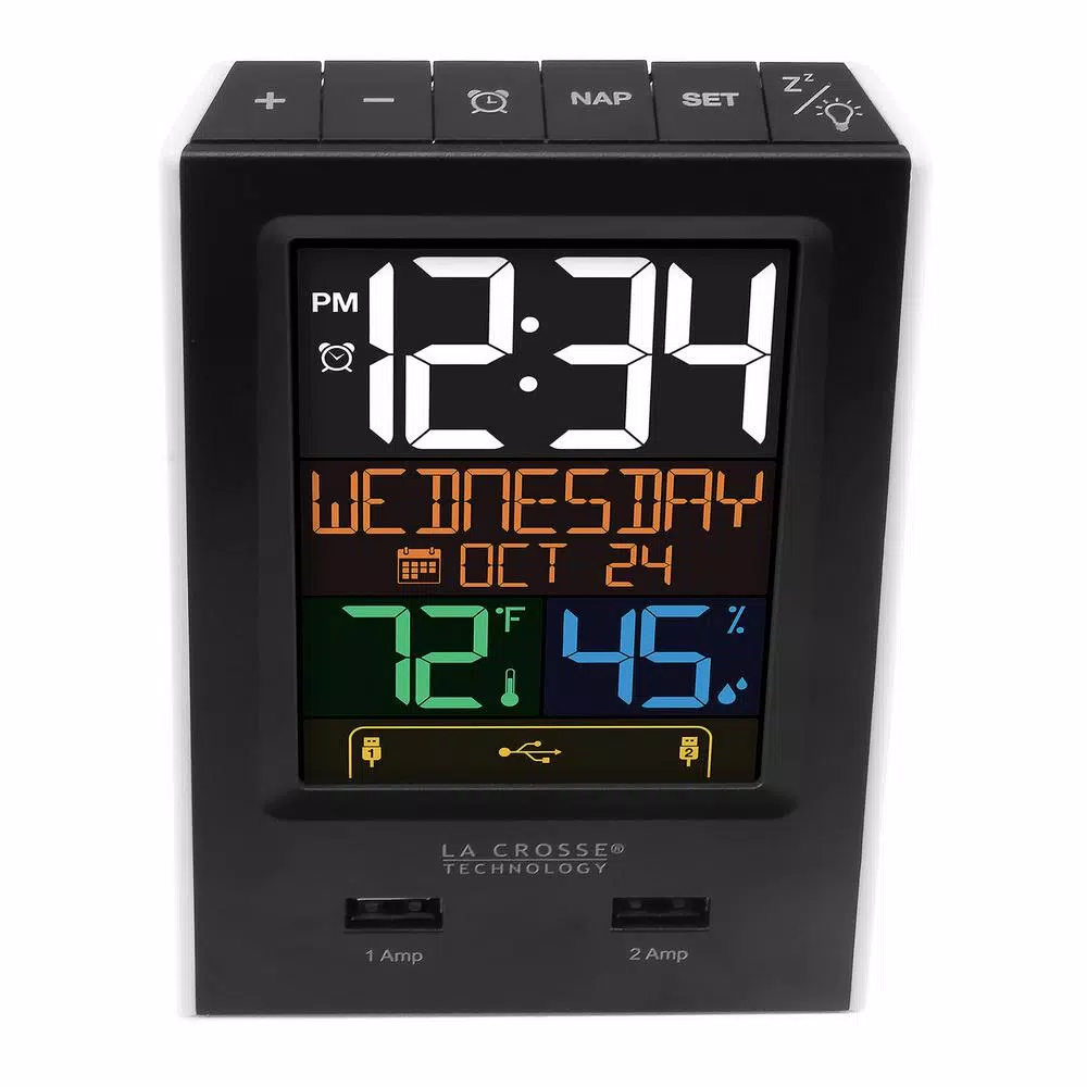 La Crosse Technology Digital Desktop Alarm Clock with Dual USB Charging Ports, Nap Timer, and Temperature/Humidity Display
