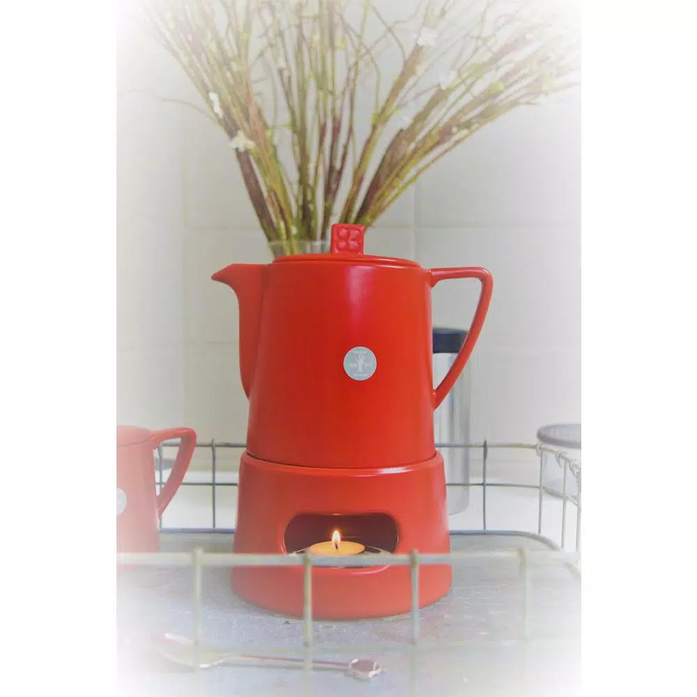 Bredemeijer Lund Red Ceramic Teapot with Tea Warmer and Stainless Steel Filter, 34 fl. oz.