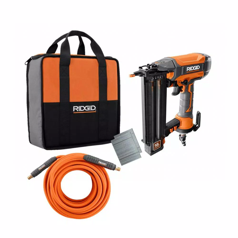 RIDGID 18-Gauge 2-1/8 in. Brad Nailer Kit with CLEAN DRIVE Technology and 50 ft. Lay Flat Air Hose