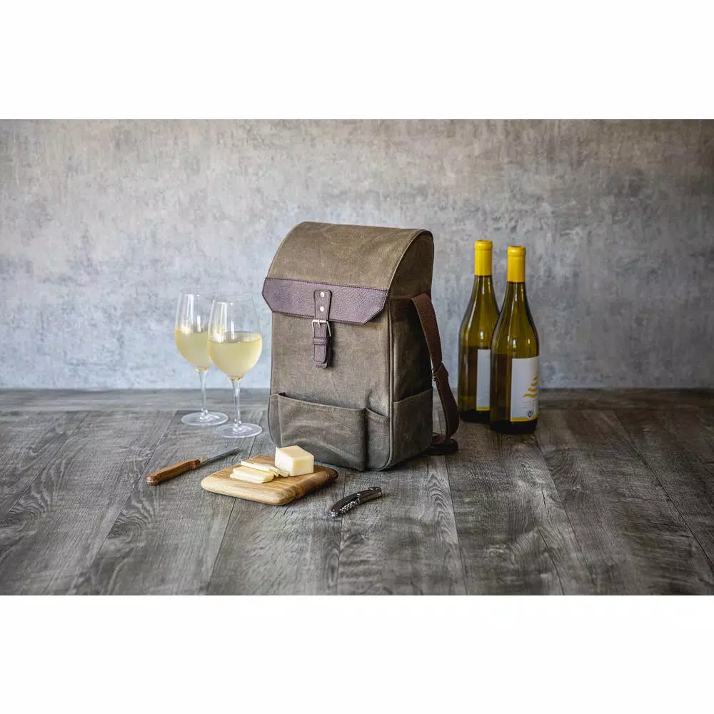 Picnic Time Khaki Green Waxed Canvas 2-Bottle Wine Cooler Bag and Acacia Wood Cheese Board Set