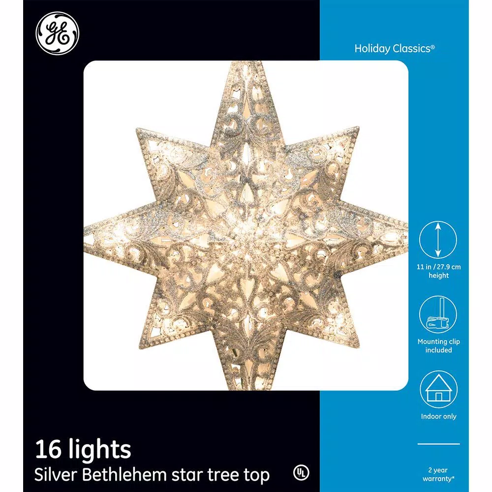 GE Holiday Classics 11 in. 16-Light Silver Glittered Bethlehem Star Tree Topper