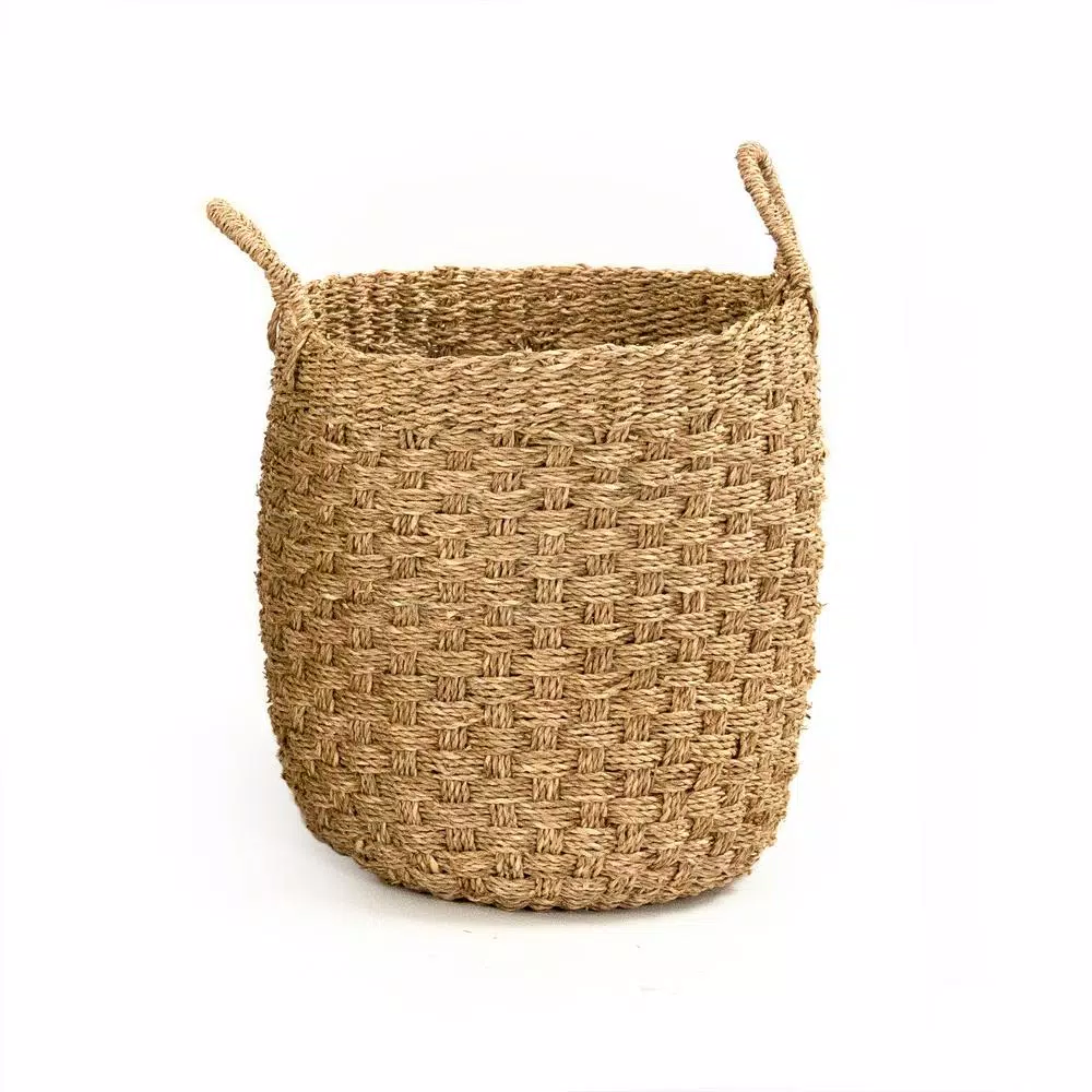 Zentique Hand Woven Cylindrical Seagrass and Palm Leaf Small Decorative Basket with Handles