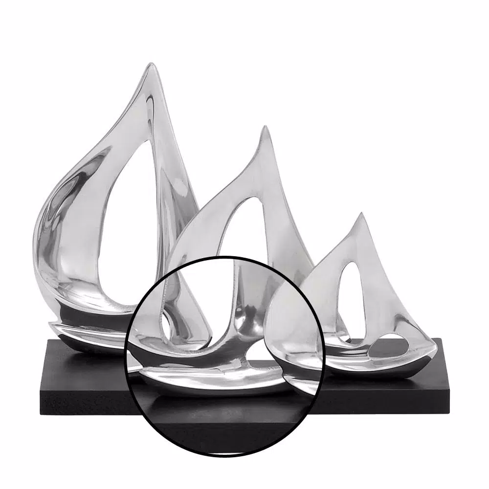 LITTON LANE 9 in. Stylized Sailboat Decorative Sculpture - Polished Silver Aluminum on Black Wood Base