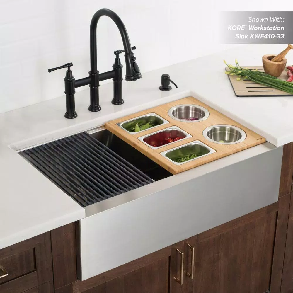 Kraus Workstation Kitchen Sink Accessory Set - Bamboo Serving Board & 5 Stainless Steel Prep Bowls