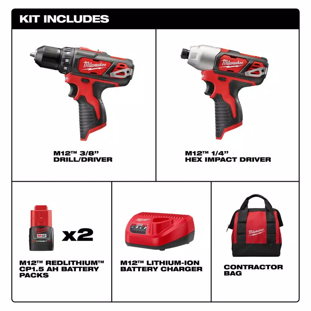 Milwaukee M12 12V Lithium-Ion Cordless Drill Driver and Impact Driver 2-Tool Combo Kit