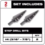 Milwaukee #4 Step Drill Bit, 3/16 in. - 7/8 in. x 1/16 in., 2-Pack thumbnail 2