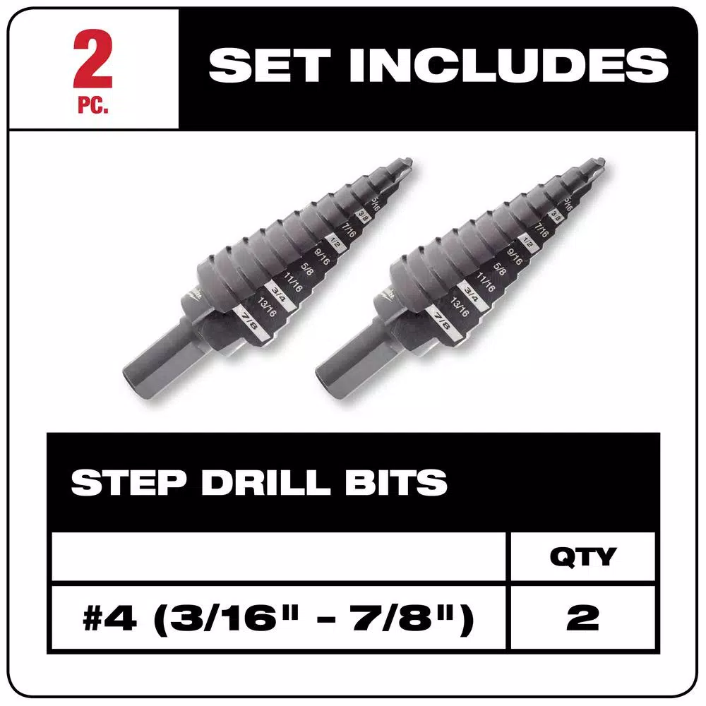 Milwaukee #4 Step Drill Bit, 3/16 in. - 7/8 in. x 1/16 in., 2-Pack
