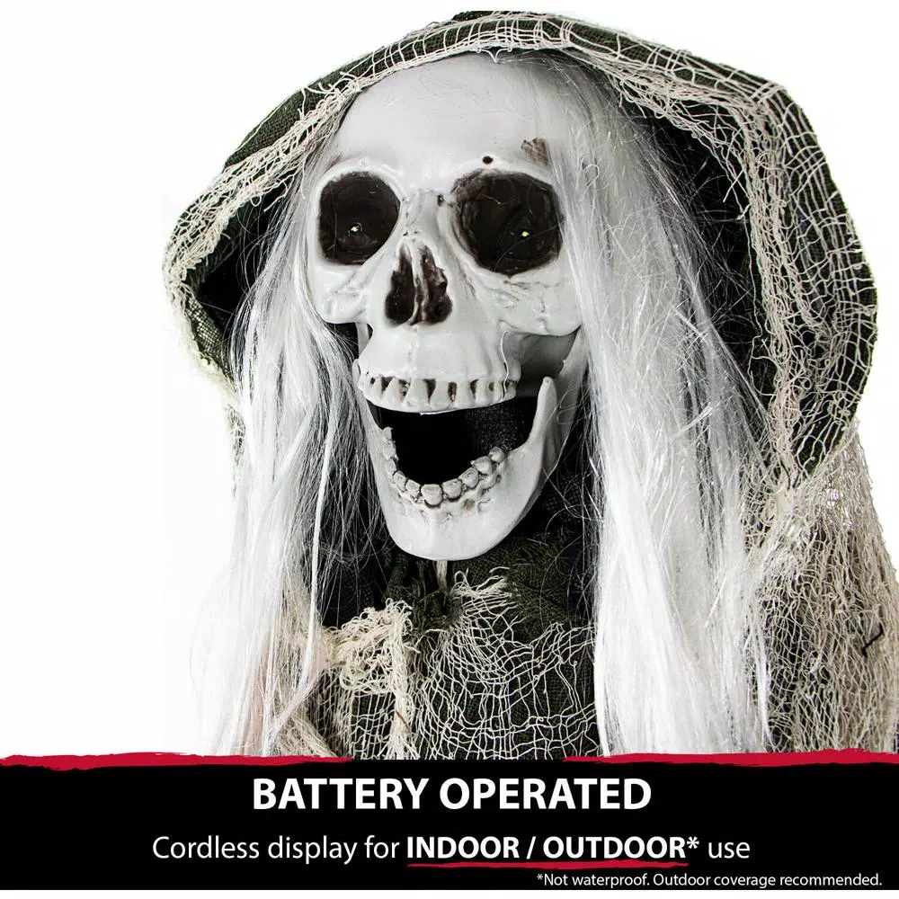 Haunted Hill Farm 5 ft. Animatronic Moaning Skeleton Halloween Prop with Green Cloak