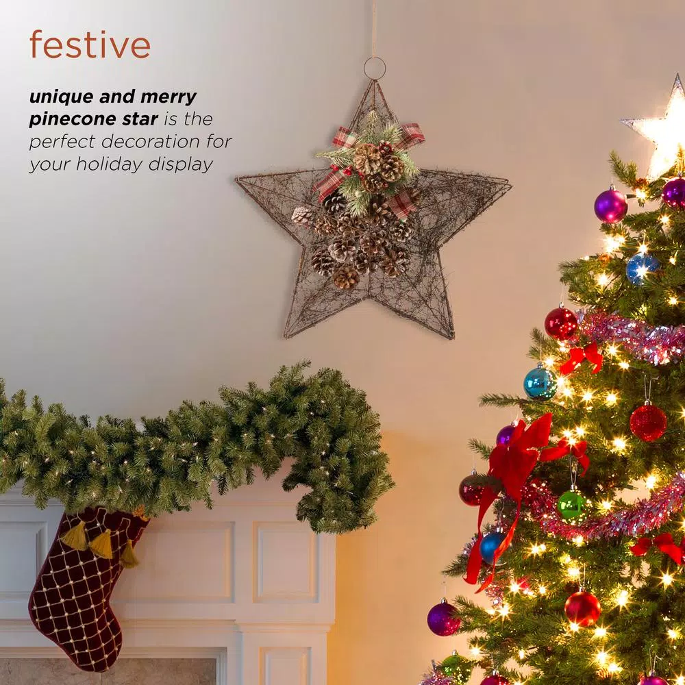 Alpine Corporation 20 in. Rustic Pinecone Christmas Star Hanging Decor