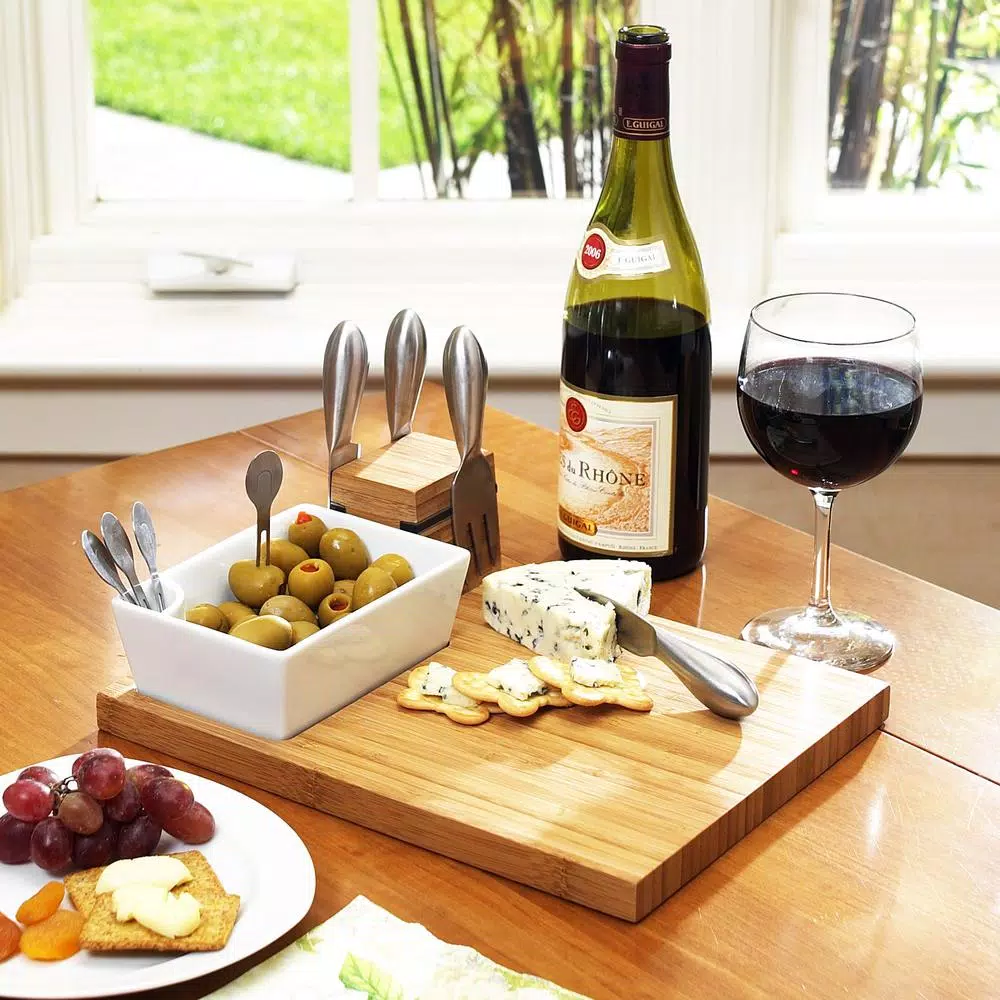 Unbranded Buxton Bamboo Cheese Board Set with 4 Stainless Steel Tools and Ceramic Bowl