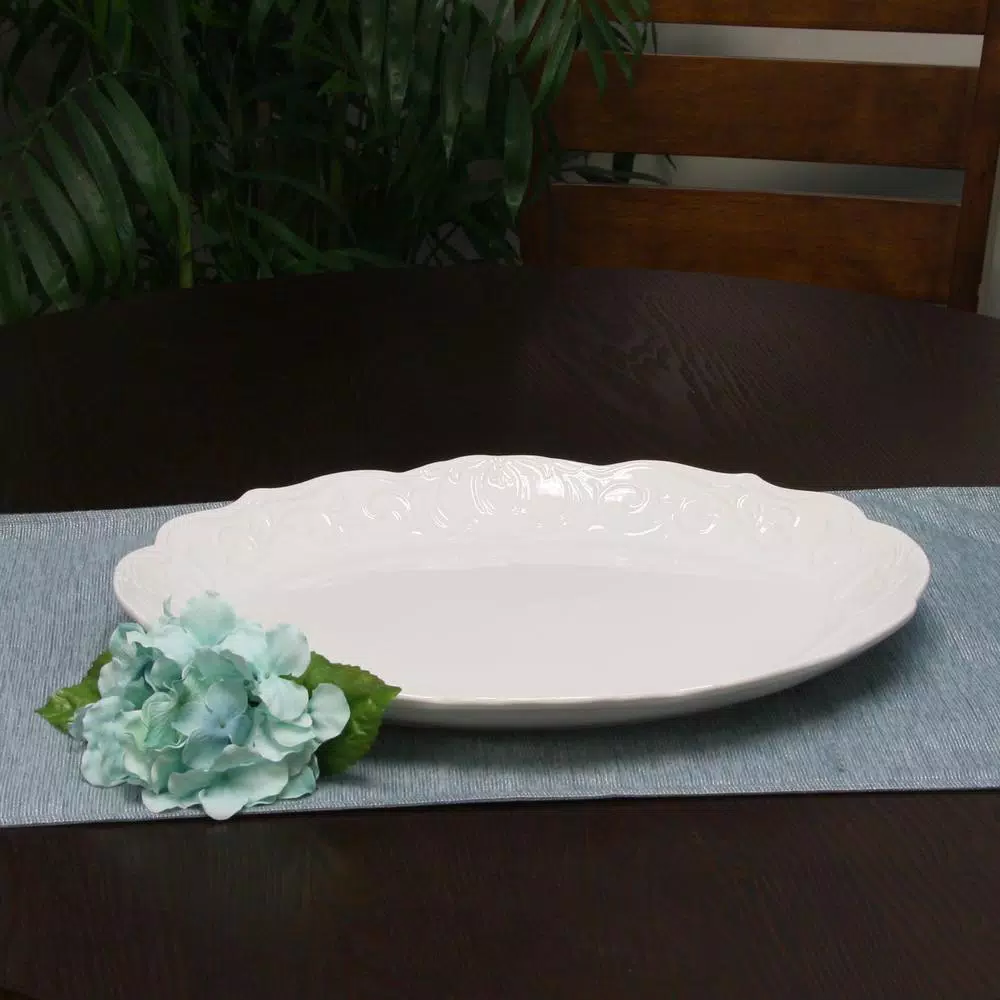 Gibson Home Royal Abbey White Durastone Oval Embossed Ceramic Serving Platter