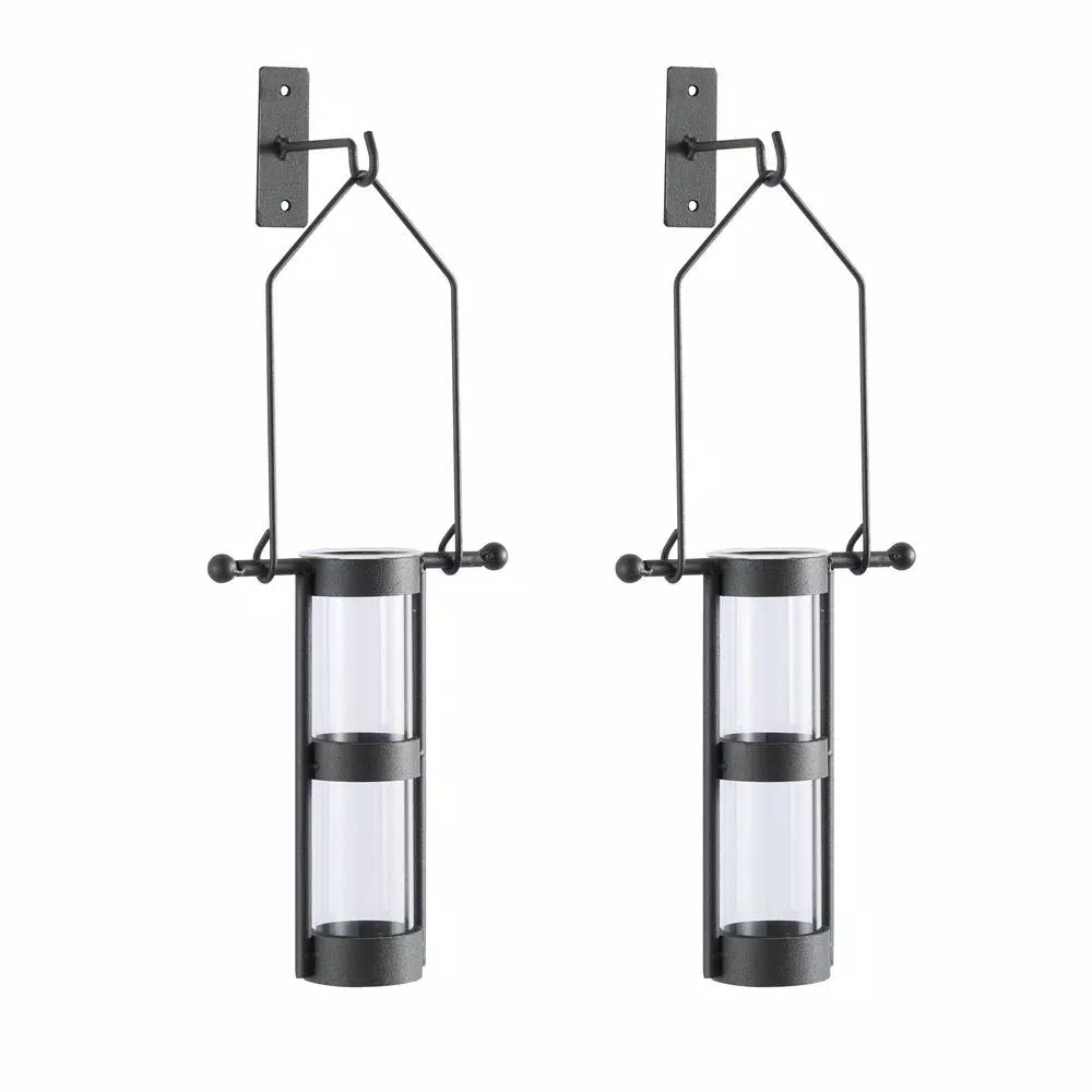 DANYA B Urbanne Rustic Black Metal and Recycled Glass Cylinder Wall Hanging Vases, Set of 2