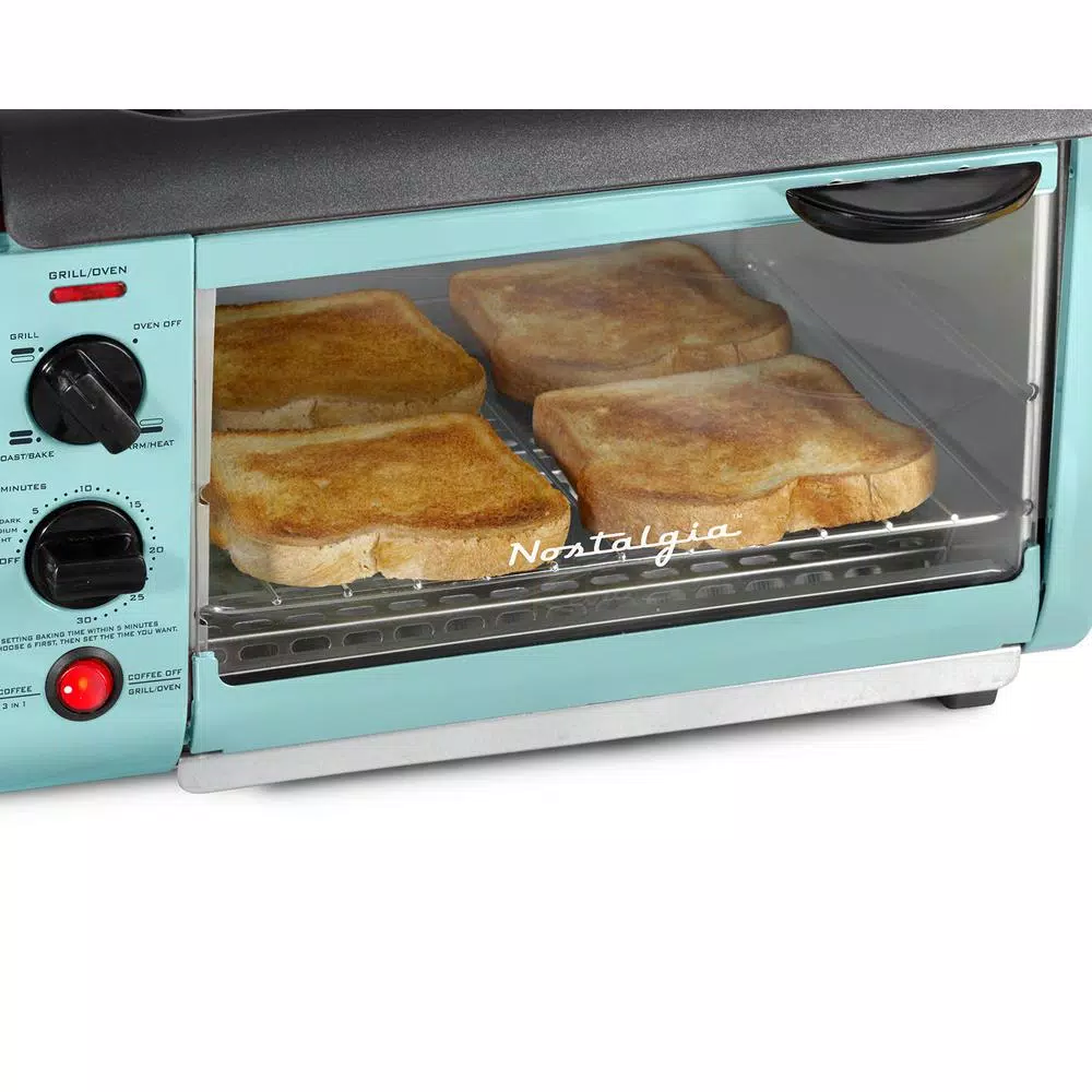 Nostalgia BSET300BLUE Retro Series 3-in-1 Breakfast Station, 1500W, 4-Slice Toaster Oven & 4-Cup Coffee Maker, Blue