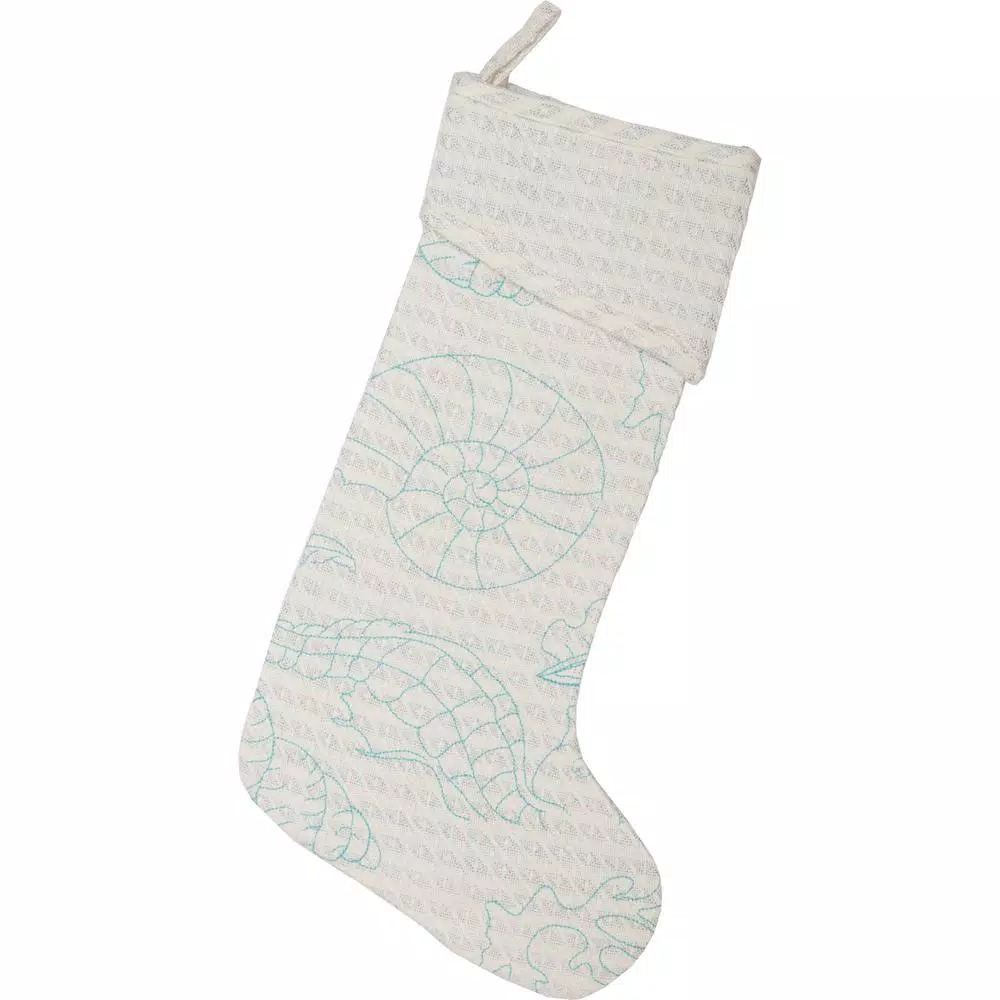 VHC Brands Arielle 20 in. Coastal Christmas Stocking - White Cotton with Metallic Silver Thread and Blue Aquatic Motif