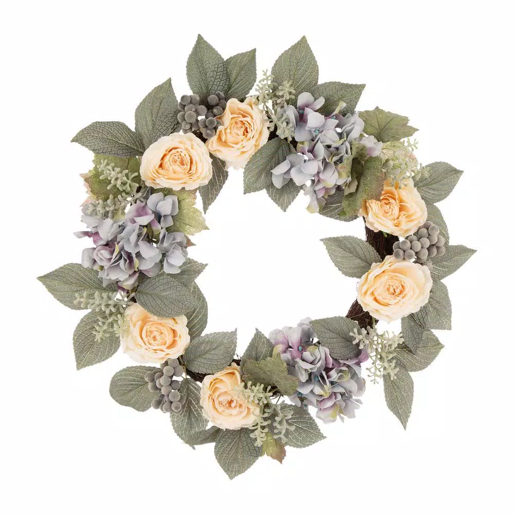 Glitzhome 22 in. Artificial Hydrangea and Rose Wreath, Multi-Colored Floral Decor