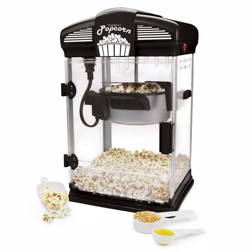 West Bend 4-Quart Movie Theater Style Popcorn Popper Machine with Nonstick Kettle and Scoop, Black