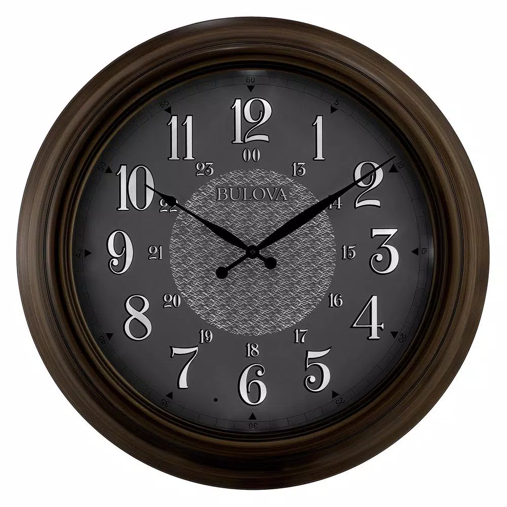 Bulova 24 in. Indoor Outdoor Wall Clock with Metal Wicker Finish and Auto-Illuminating LED Lights