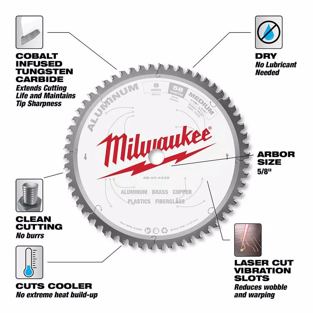 Milwaukee 8 in. 58T Carbide Teeth Aluminum and Metal Cutting Circular Saw Blade