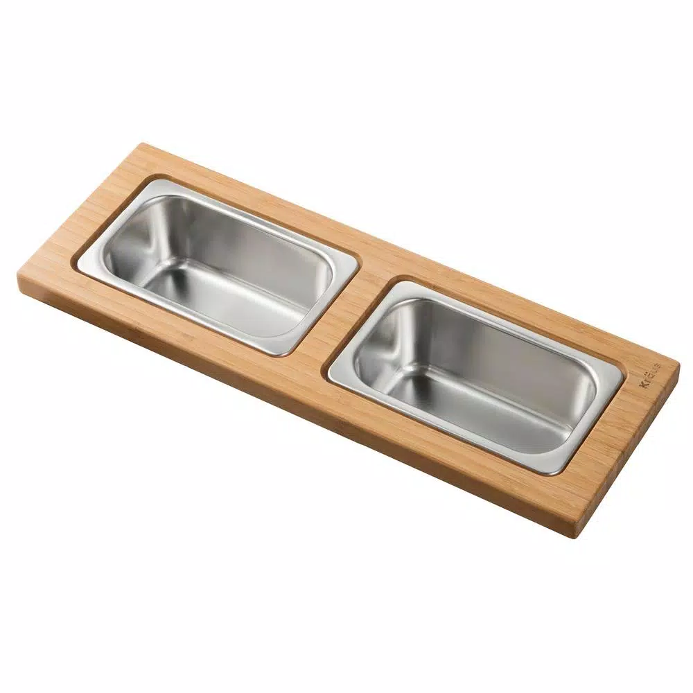Kraus Workstation Kitchen Sink Bamboo Serving Board Set with 2 Stainless Steel Prep Bowls