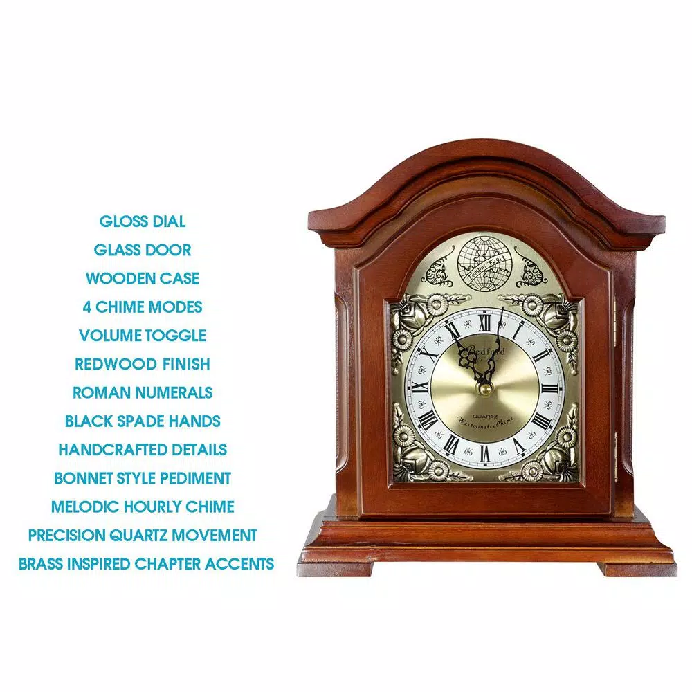 Bedford Clock Collection Redwood Mantel Clock with Chimes, Classic Wood Case with Roman Numeral Dial