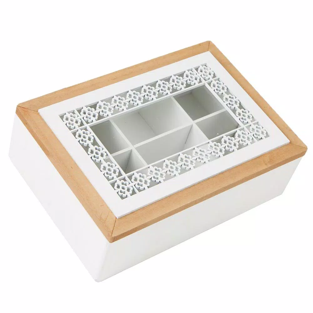 Mind Reader Brown Wood Pattern Tea Box Organizer with Glass Window