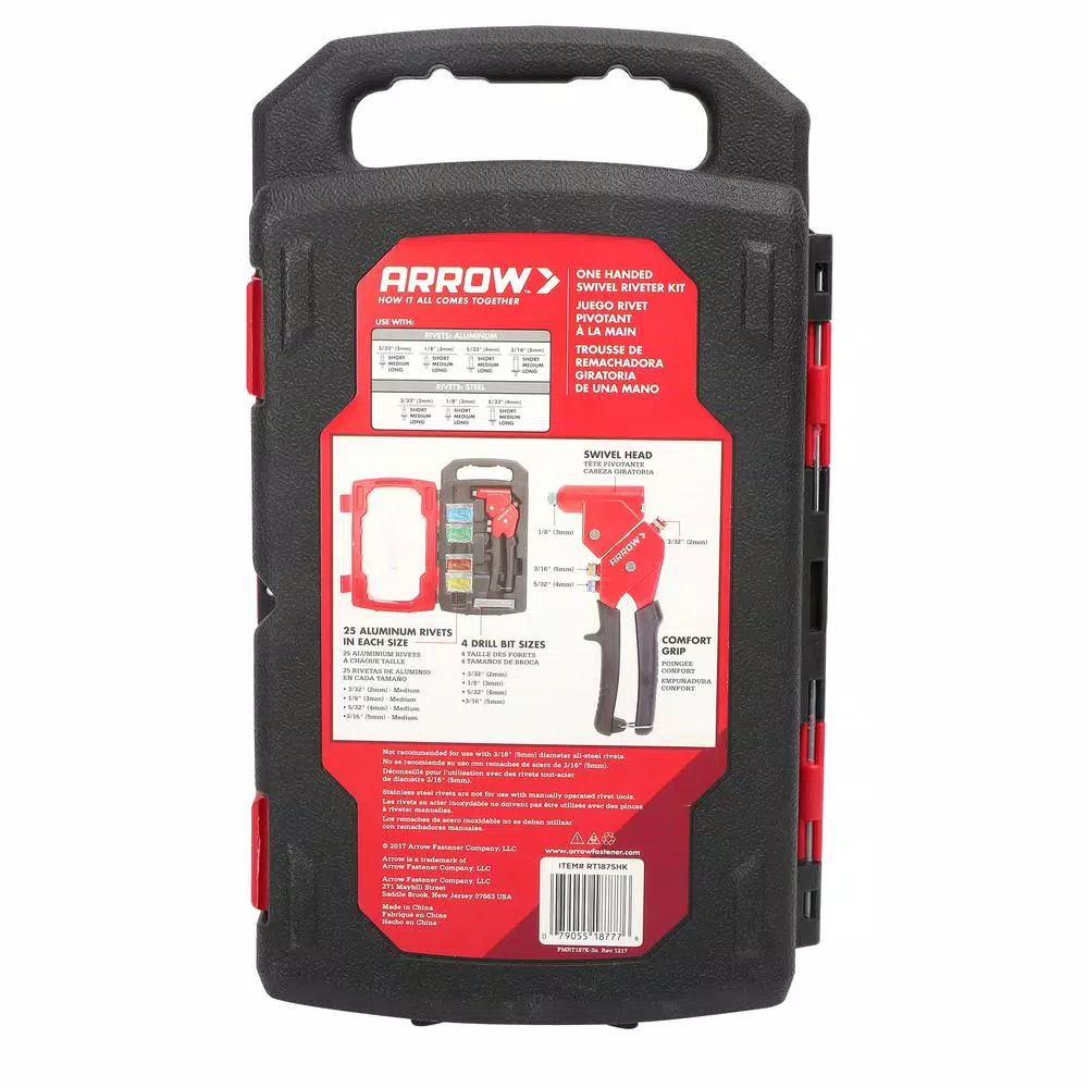 Arrow RT187SHK Swivel Head Rivet Tool Kit with 100 Assorted Rivets and 4 Drill Bits