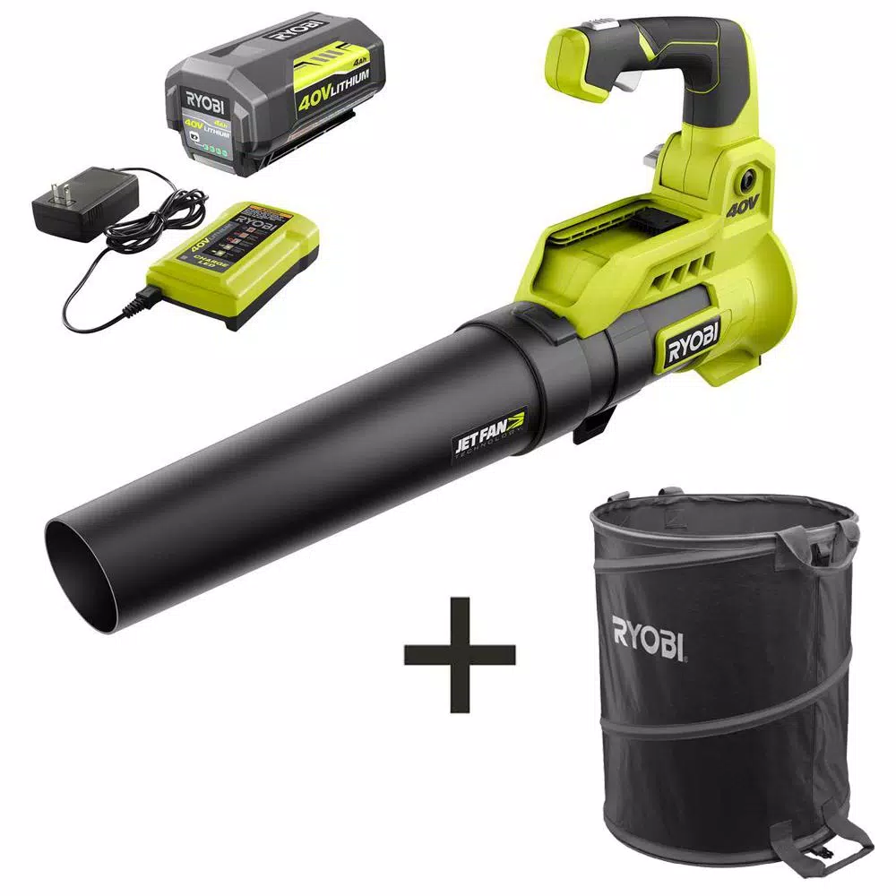 RYOBI 40V MAX Lithium-Ion Jet Fan Blower Kit with 4 Ah Battery, Charger, and Lawn & Leaf Bag