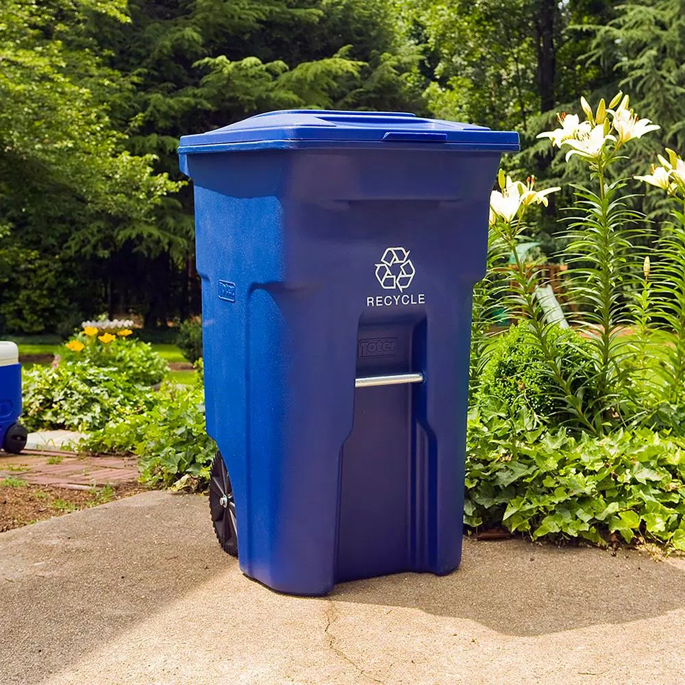 Toter 64 Gallon Blue Rollout Recycling Container with Attached Hinged Lid
