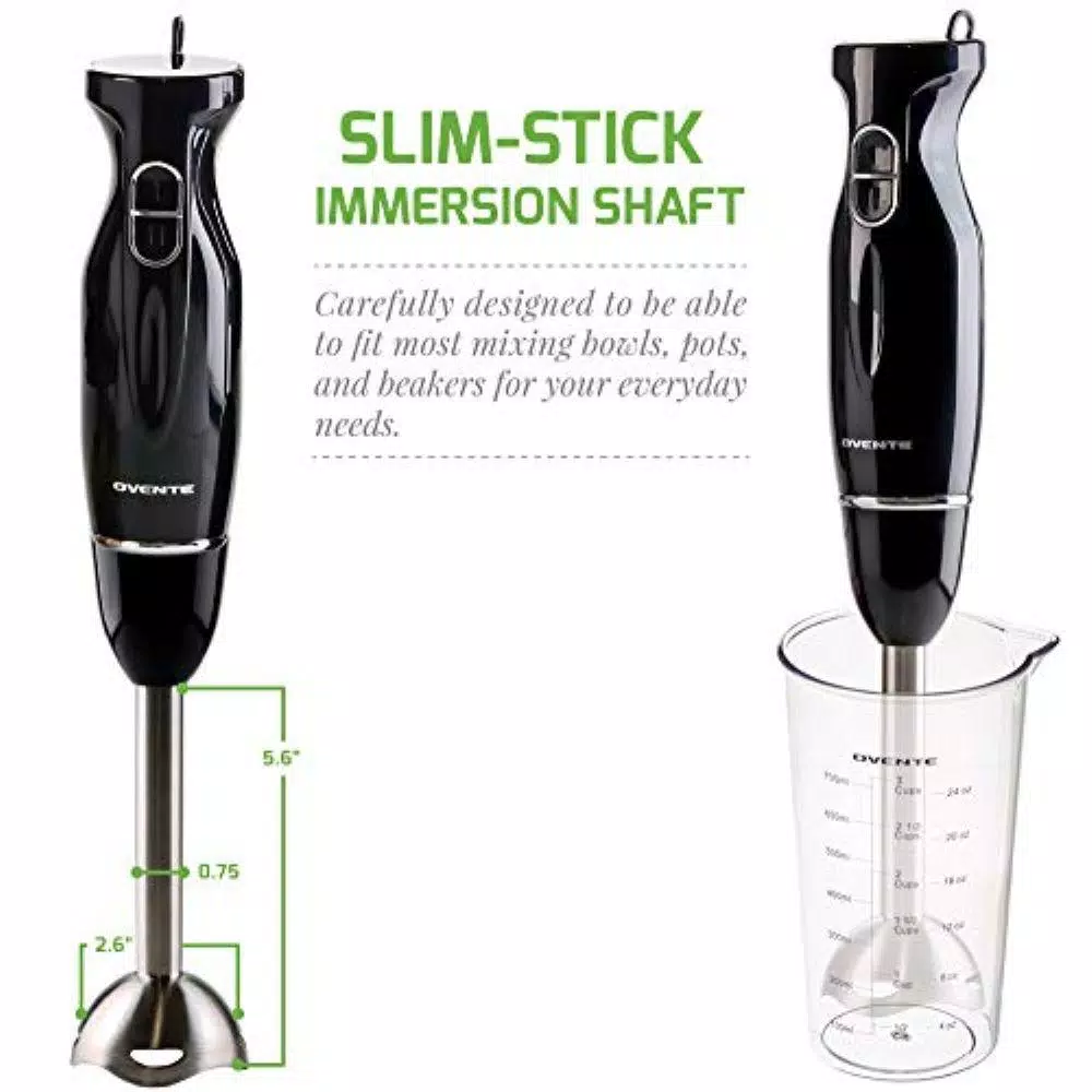 Ovente HS565 300W Multi-Purpose Immersion Blender Set with Chopper, Whisk, and 24 oz. Beaker - Black