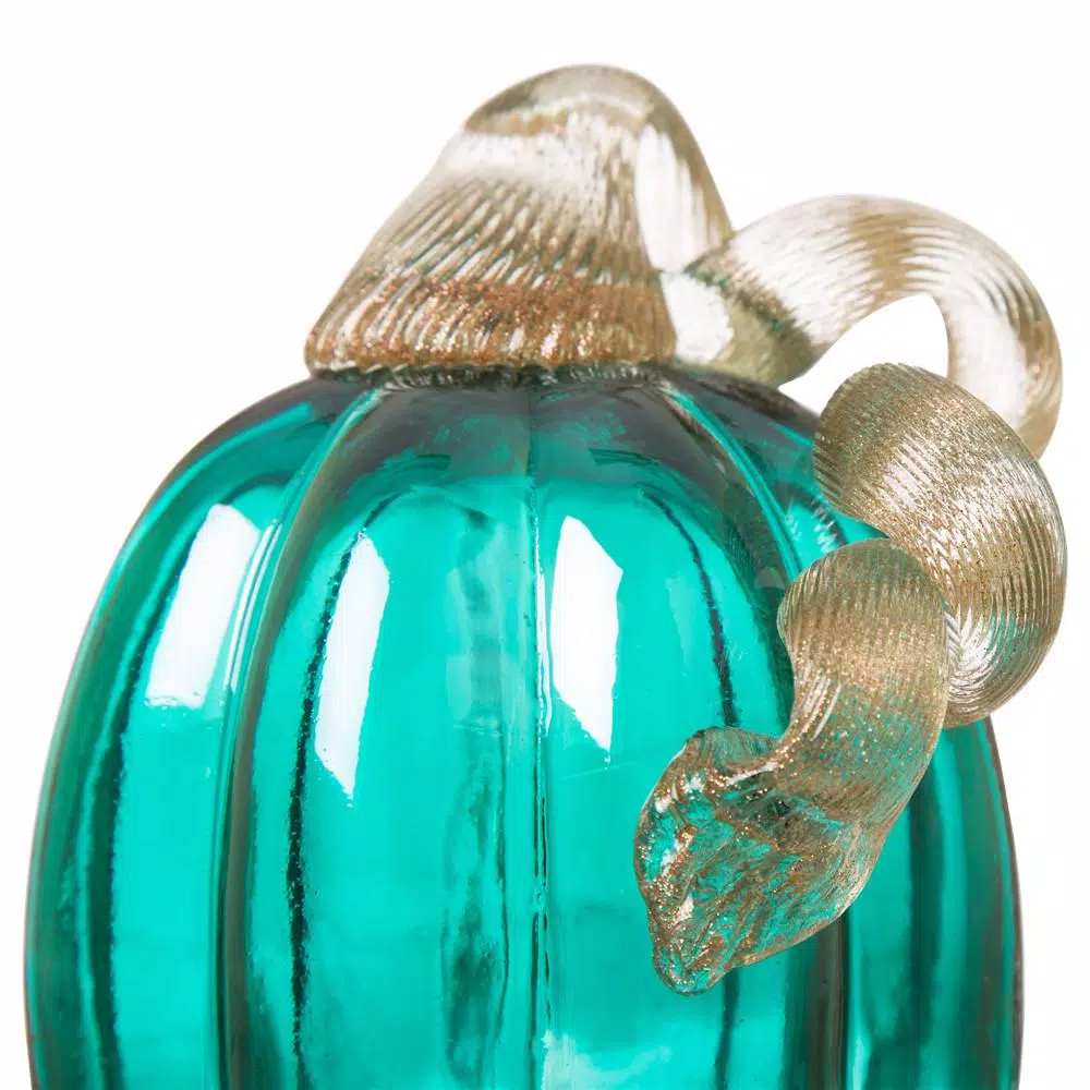 Glitzhome 5.51 in. Turquoise Crackle Glass Pumpkin - Handmade Indoor Tabletop Decor