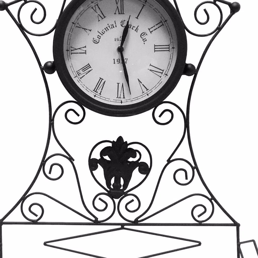 Benjara Epoch Black Metal Outdoor Clock with Scrollwork and Storage Base