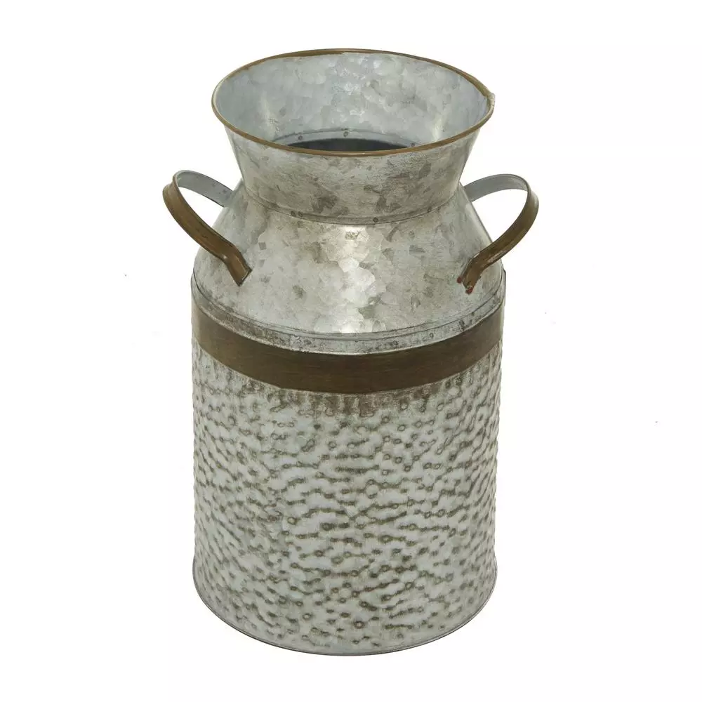 LITTON LANE 12 in. Farmhouse Rustic Galvanized Iron Milk Can with Hammered Finish