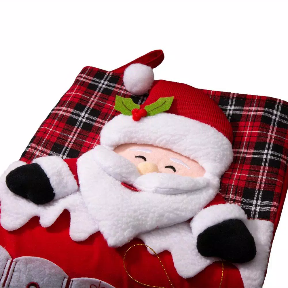 Glitzhome 36 in. Oversized 3D Santa Countdown Christmas Stocking with Plaid Cuff