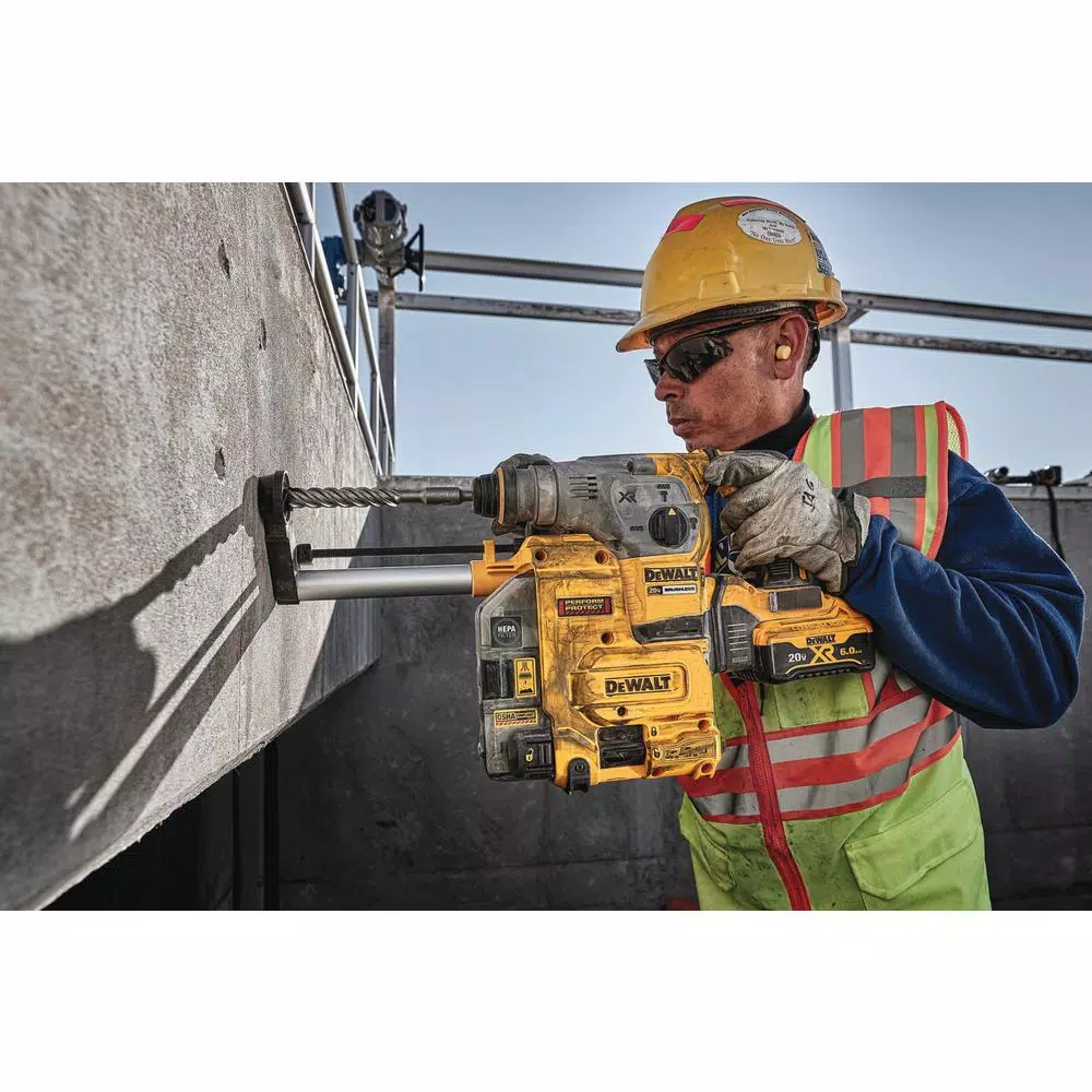 DEWALT 20V MAX XR Brushless SDS Plus L-Shape Rotary Hammer Kit with Dust Extractor & (2) 6.0 Ah Batteries