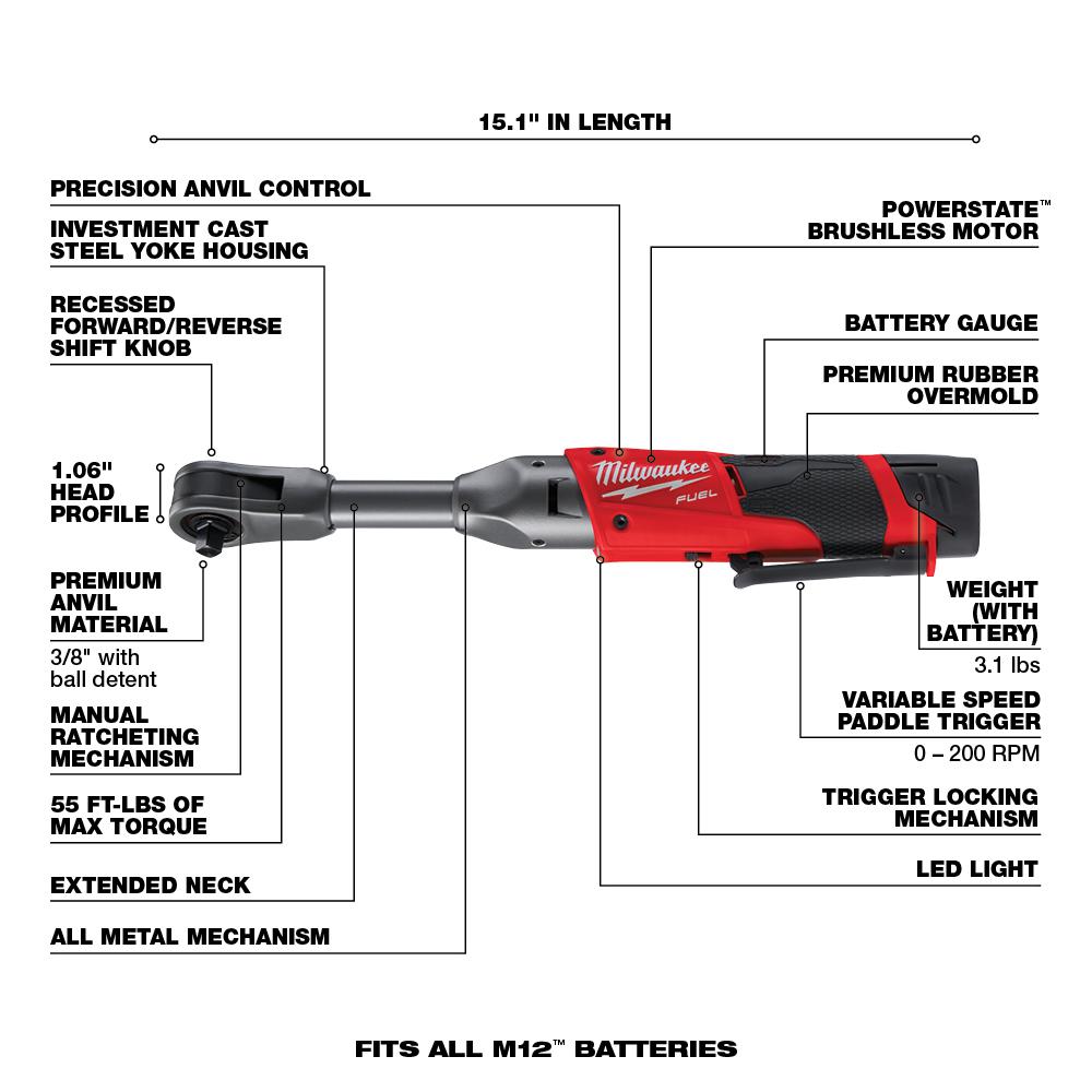 Milwaukee M12 FUEL 12V Brushless Cordless 3/8 in. Extended Reach Ratchet Kit with 2.0 Ah Battery
