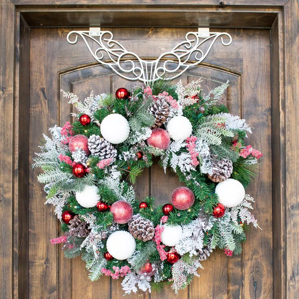 Village Lighting Company 30 in. Frosted Wonderland Pre-Lit LED Christmas Wreath - Red and White Candycane Design