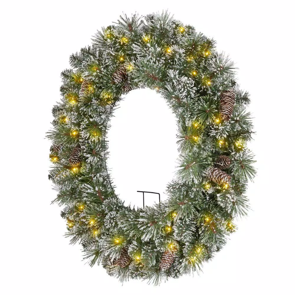 Home Accents Holiday 30in. Sparkling Amelia Pine Pre-lit LED Artificial Christmas Wreath with 50 Warm White Micro-Dot Lights