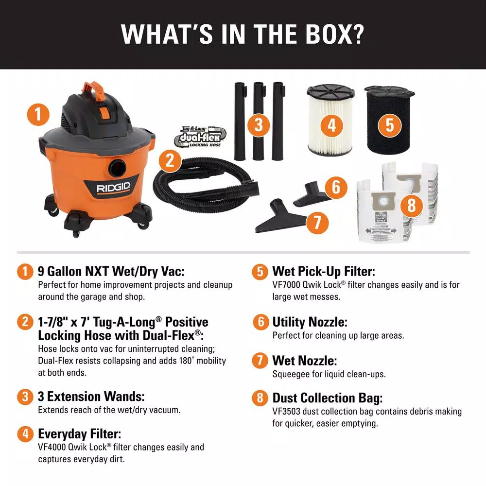 RIDGID 9 Gal. 4.25 Peak HP NXT Wet/Dry Shop Vacuum with Tug-A-Long Hose and Accessories