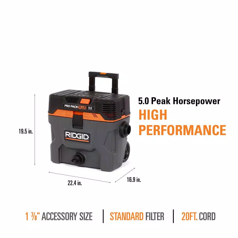 RIDGID 10 Gal. 5.0 Peak HP ProPack Plus Wet/Dry Shop Vacuum with Qwik Lock Filter
