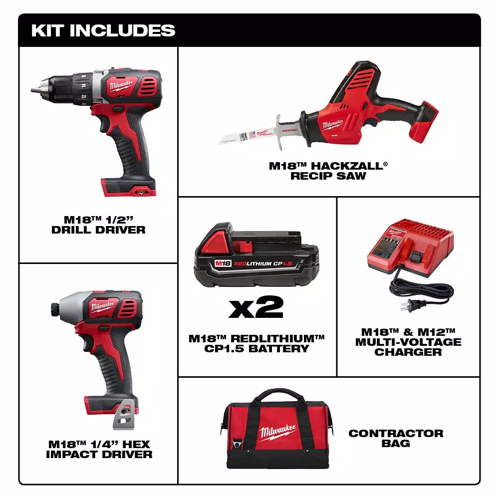 Milwaukee M18 18V Lithium-Ion Cordless 3-Tool Combo Kit with 2 1.5 Ah Batteries and Charger