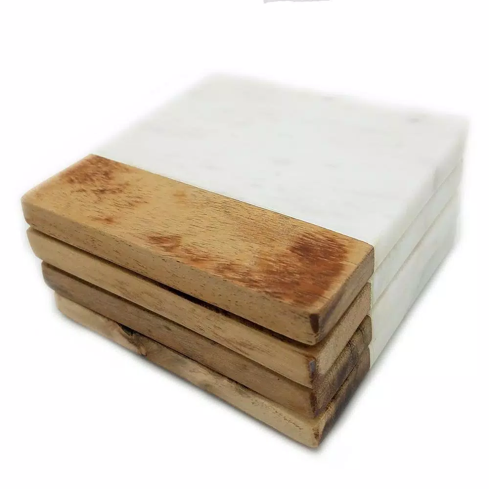 Unbranded Jodhpuri 4-Piece Opal White Marble and Acacia Wood Coaster Set