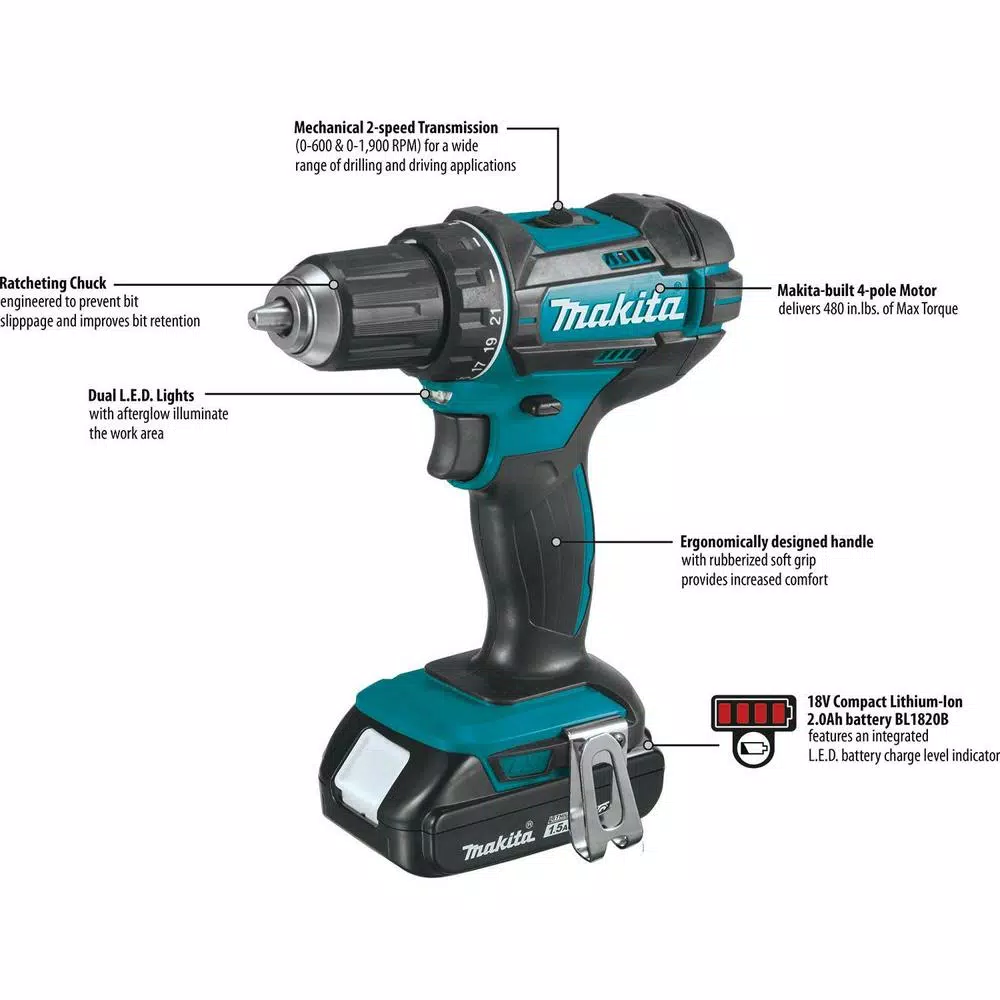 Makita 18V LXT Lithium-Ion 1/2 in. Compact Cordless Driver Drill Kit (XFD10SY)