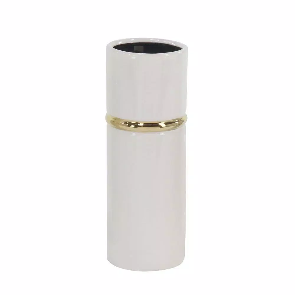 LITTON LANE White Ceramic Decorative Vase Set of 3 with Gold Lining Detail, Modern Cylinder Design