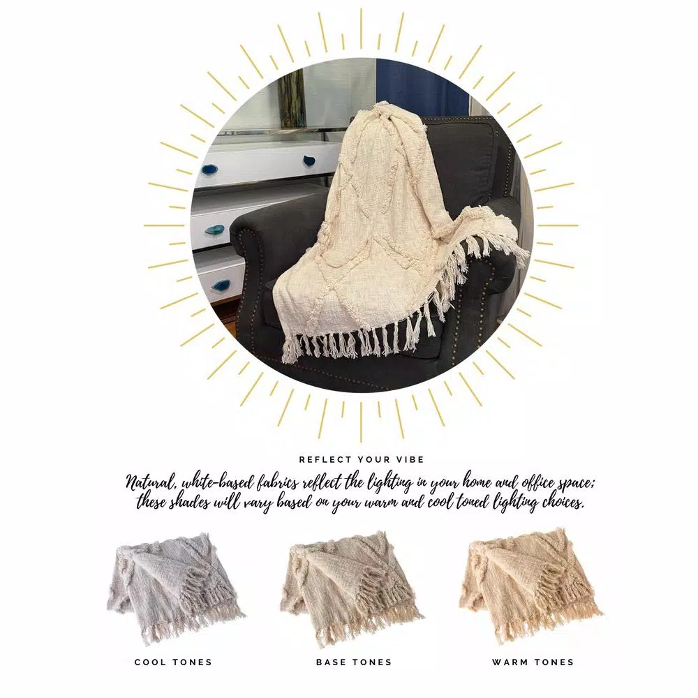 LR Resources LR Home Handmade Boho Tufted Cotton Throw Blanket with Fringe, Beige, 50 x 60 in