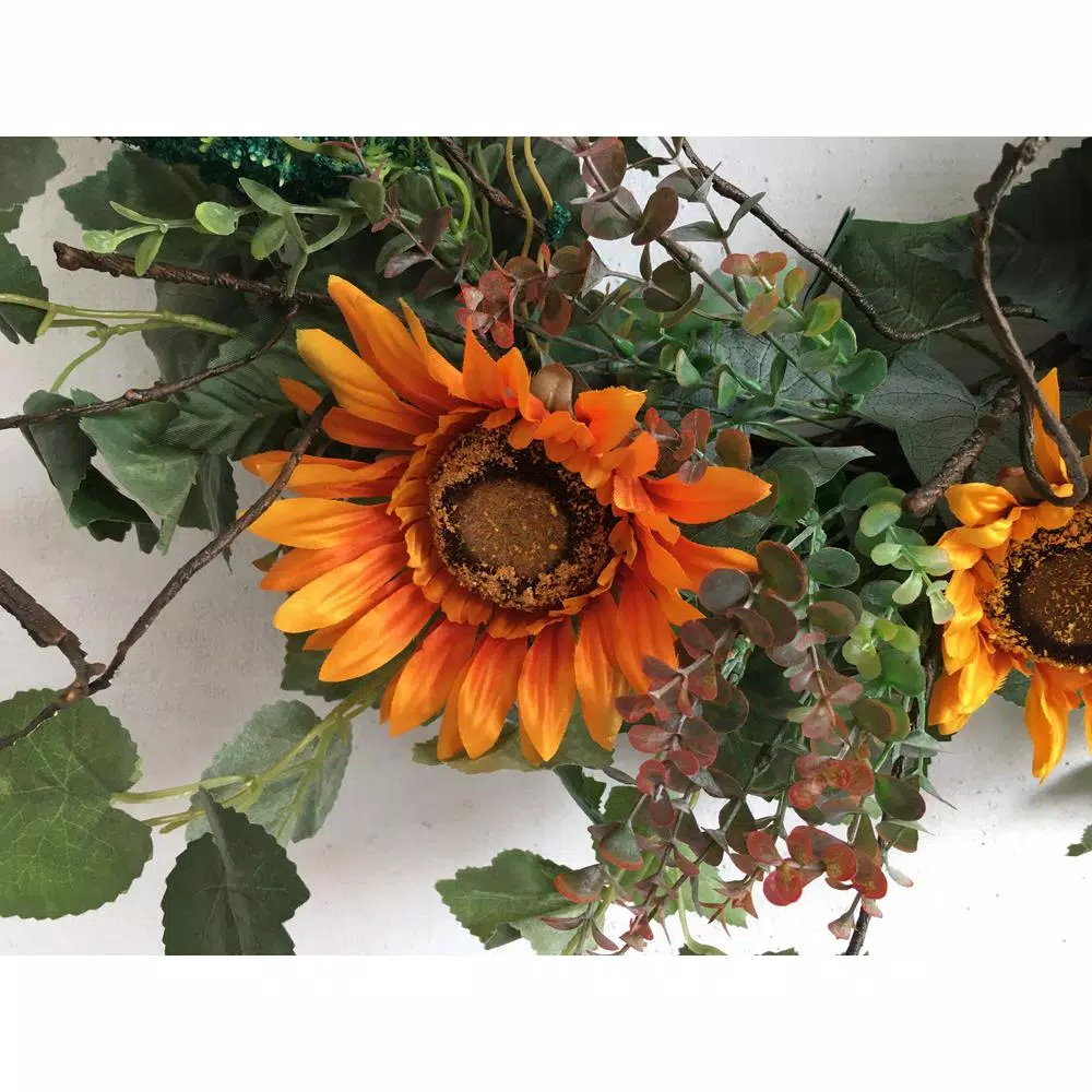 Glitzhome 24 in. Artificial Sunflower Wreath with Golden Orange Sunflowers and Green Silk Leaves